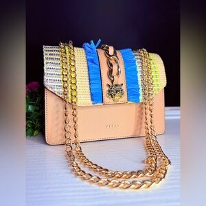ALDO Raffia Chain Crossbody Bag Blue Fringe Gold Tiger Charm NWT